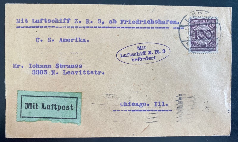 1924 Lindau Germany ZR 3 Zeppelin Flight Cover to Chicago IL USA