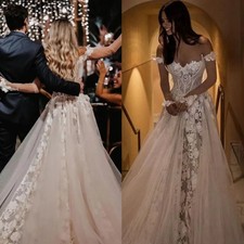Boho Lace A Line Wedding Dress Long Sleeves Ivory Tulle Bridal Gowns Court Train