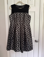 Nine West Women's Black Gray Polka Dot Satin Fit & Flare Dress Lined size 12