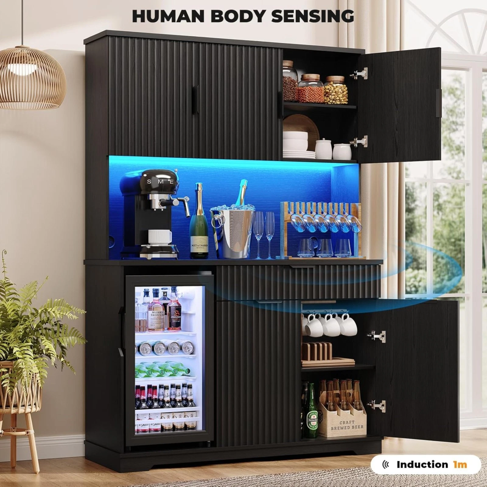 Kitchen Pantry with Fridge (Fridge Included), Fluted Coffee Bar Cabinet