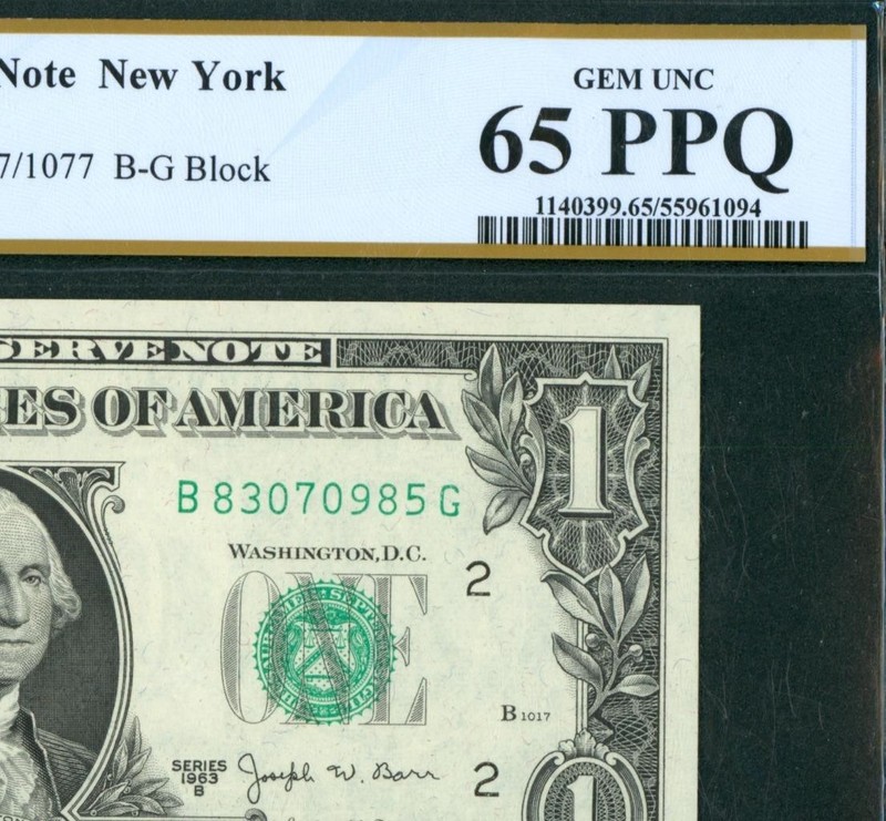 $1 1963 ((JOSEPH BARR )) Federal Reserve Note ** CURRENCY ((PCGS - 65 PPQ))