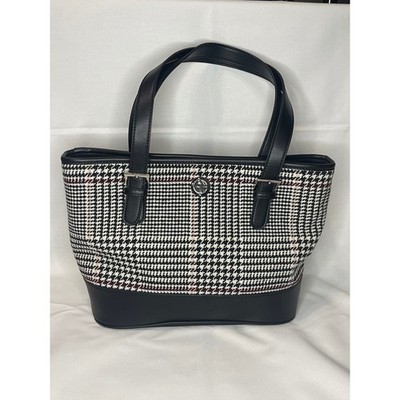 Gianini Bernini Houndstooth Woven Plaid Tote Bag Black White Shoulder Purse USED