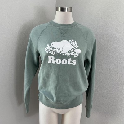 Roots Sweatshirt Womens Small Sage Beaver Logo Organic Cotton Fleece Crewneck