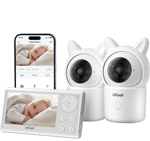 Baby Monitor with 2 Cameras, Split-Screen Video Baby Monitor with Audio