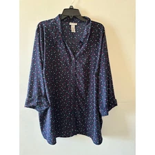 Catherines Womens Navy Star Button Down 3X 26/28W Red White Blue Americana
