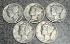 LOT OF 5 - 1942 S 1943 D 1945x3 MERCURY DIMES 90% SILVER
