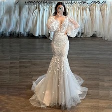 V-neckline Wedding Dress for Bride Mermaid Lace Appliques Puff Sleeves Lacing Up