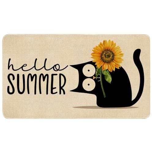 Summer Door Mat,Cat Sunflower Hello Summer Indoor Outdoor Non-Slip