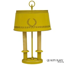 French Country Yellow Painted Tole Metal Bouillotte Candlestick Table Lamp