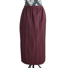 Vintage 60s-80s Burgundy Striped Pleated Preppy 100 Wool Midi Skirt - Size 10