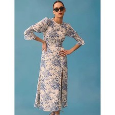 Moonsea floral toile midi dress smocked sz M romantic cottagecore coquette slit