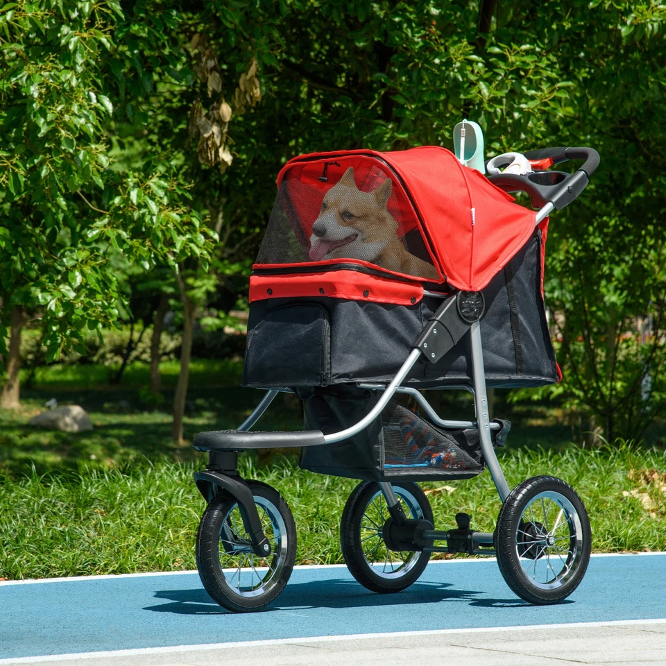 Hundewagen Hundebuggy Katzen Pet Stroller mit 3 Rädern klappbar Oxford Rot - Bild 3 von 4