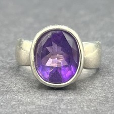 Sterling Silver Amethyst Ring Size 7 Faceted Oval Gem 6.4g Wide Band 925