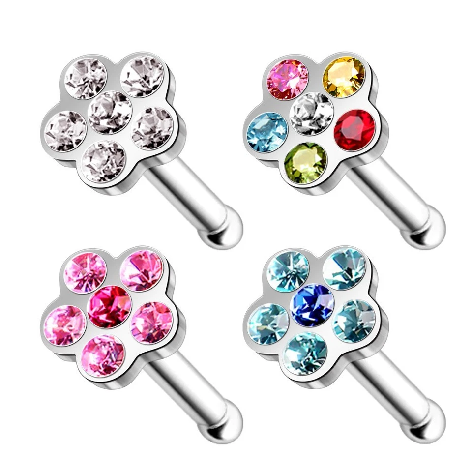 Anillo nariz hueso acero quirúrgico 316L con tapa flor multi gema Foto 2 de 2