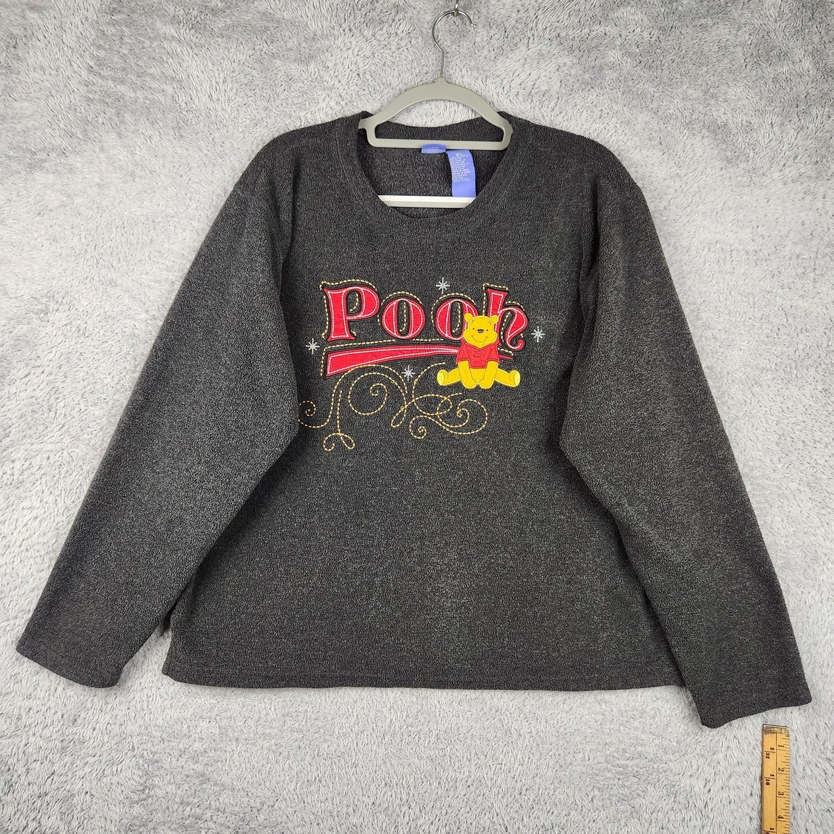 Vintage Disney Sweater Womens XL Gray Winnie The Pooh Embroidered Top Y2k Flock