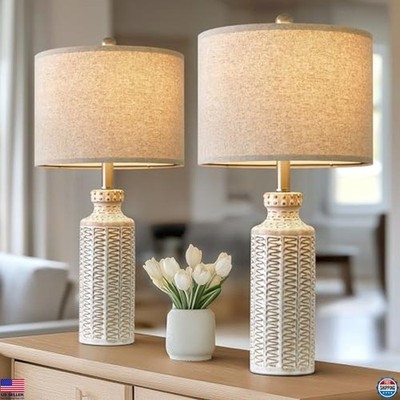 Charming White Ceramic Table Lamp Set of Vintage Rustic Modern  Design