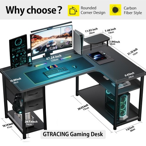 GTRACING Gaming Desk with Drawers, Carbon Fiber Style L Shaped Computer Desk ... - Picture 6 of 7