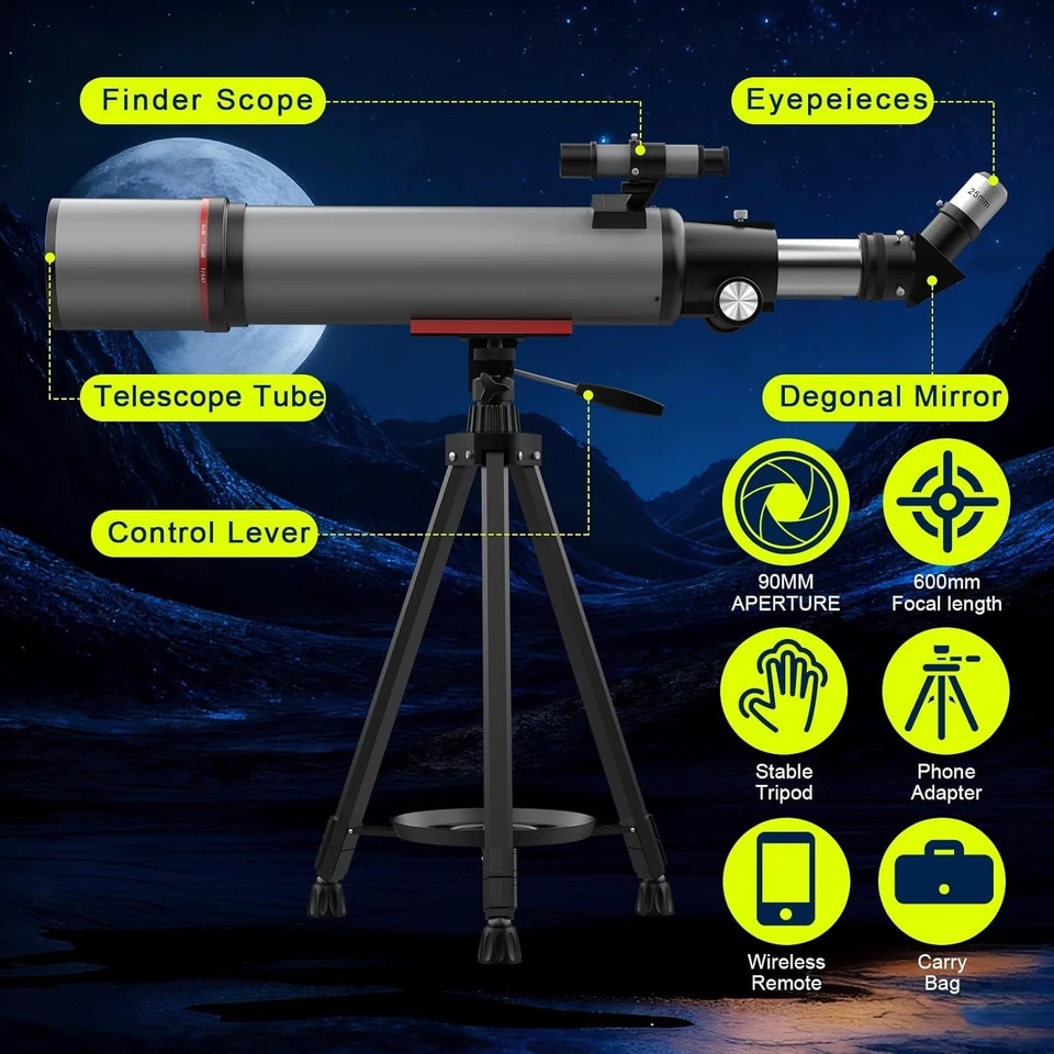 Telescopio de astronomía para adultos de alta potencia: 90 mm de apertura 600 mm con trípode Foto 2 de 4