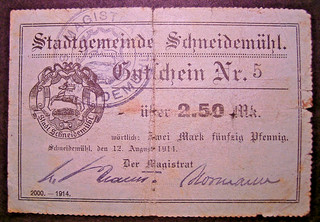 256) SCHNEIDEMÜHL (Piła) ★★★ 2 50 Mark 12. Aug. 1914 ★★★