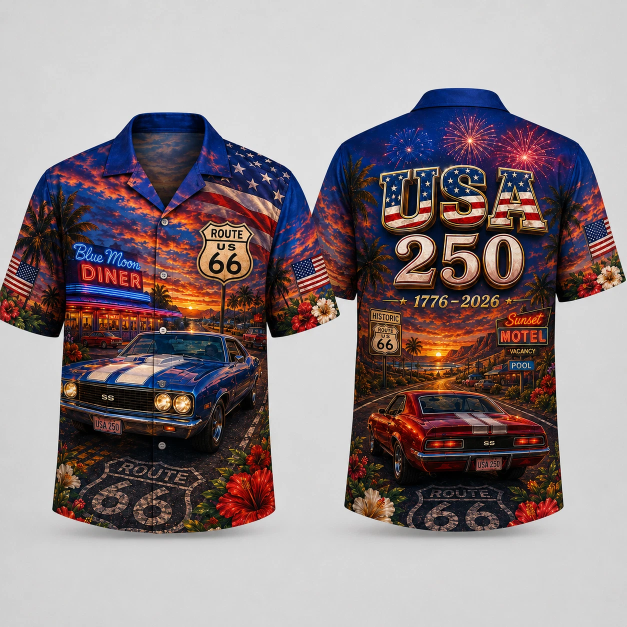 Patriotic USA 250 Route 66 Hawaiian Button Up Retro Muscle Car Aloha Casual Top