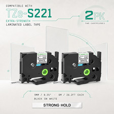 2PK Compatible Brother TZ-S221 TZe-S221 Black on White Strong Adhesive Tape 9MM