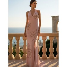 Blush Pink Halter Evening Gown with Floral hand beaded Embellishment