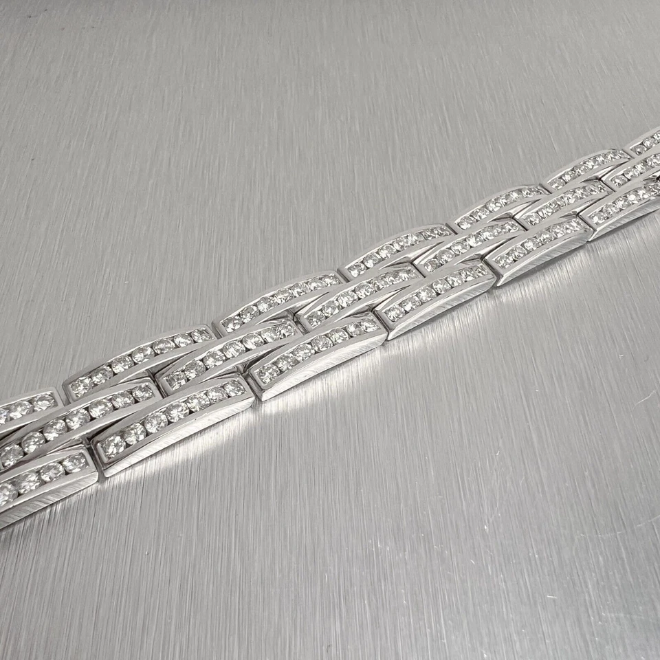 18k White Gold Diamond 3 Row Interlocking Link 12mm Chain Bracelet 7" 7.56ctw - Image 4 of 4