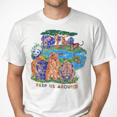 Vintage 90s Endangered Animals Graphic T-Shirt White Nature Tee Unisex S-3XL