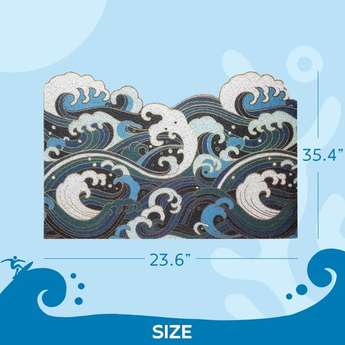 Blue Wave Entrance Door Mat, Japanese Style Ukiyo-e Doormat, Anti Skid PVC Co... - Picture 2 of 7