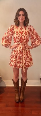 Flying Tomato Women's Small Red and Cream Patterned Puff Sleeve Mini Dress with