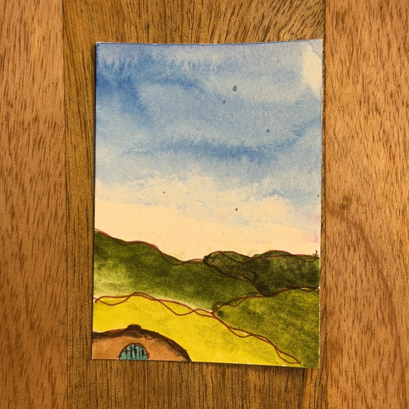 Original ACEO watercolor - Under Hill hobbit hole The Shire art by geekella