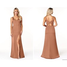 Azazie Dress Women's 4 Rust V Neck Satin Formal Bridesmaid Gown Open Back Slit