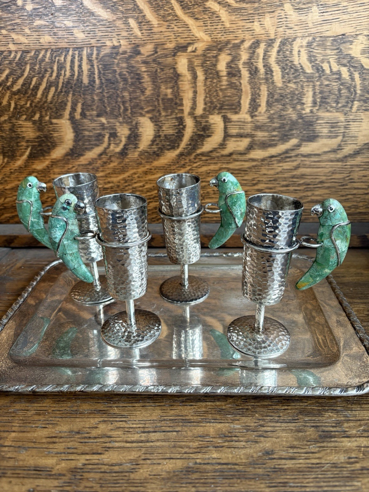 Emilia Castillo Silver Plate Mexico 4  Pc Malachite Parrot Cordials Set + Tray