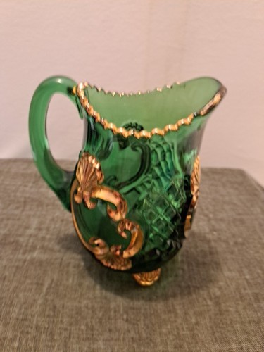 EAPG 1898 ANTIQUE GREEN Glass CROESUS pattern CREAMER Dish W/Gold RIVERSIDE - Picture 3 of 19
