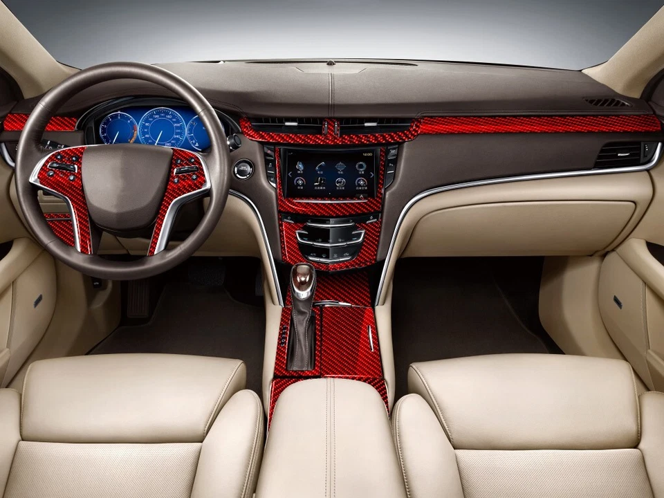 Kits de molduras exteriores interiores completos de fibra de carbono roja de 37 piezas para Cadillac XTS 2013-19 Foto 2 de 4