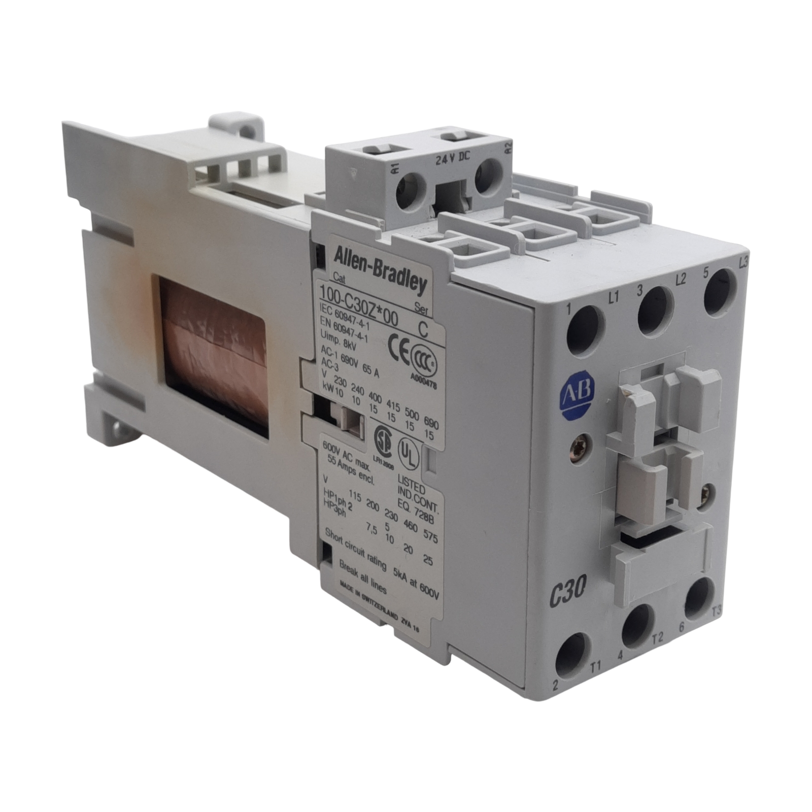 Allen Bradley 100-C30ZJ00 Contactor, 3-Pole, 30A, 600VAC, 24VDC Coil, DIN Rail