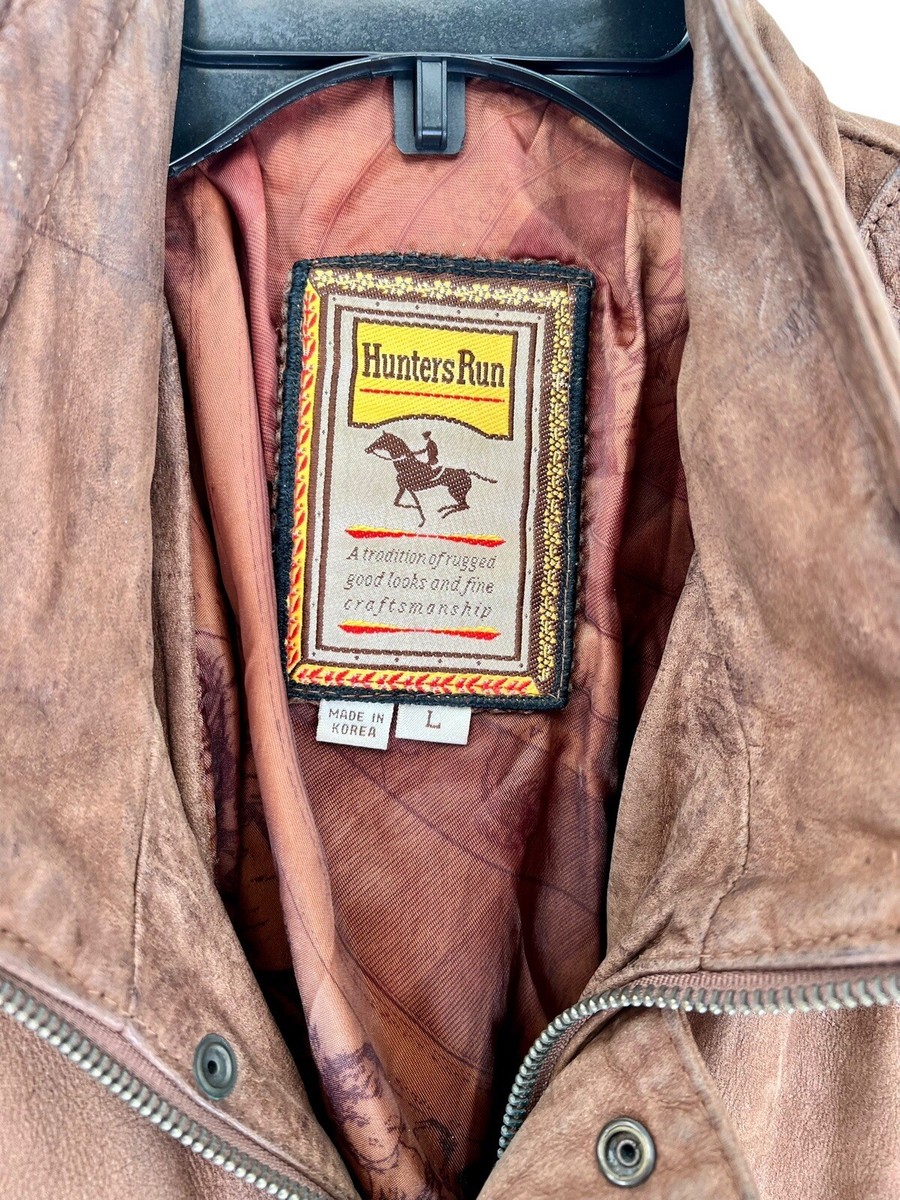 Vintage 80s Hunters Run Leather Jacket Bomber Large Brown Zip Snap