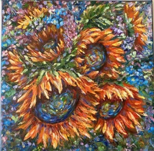 ORIGINAL OIL Painting SUN FLOWERS  impasto 12"x 12" by Olga Diduh.