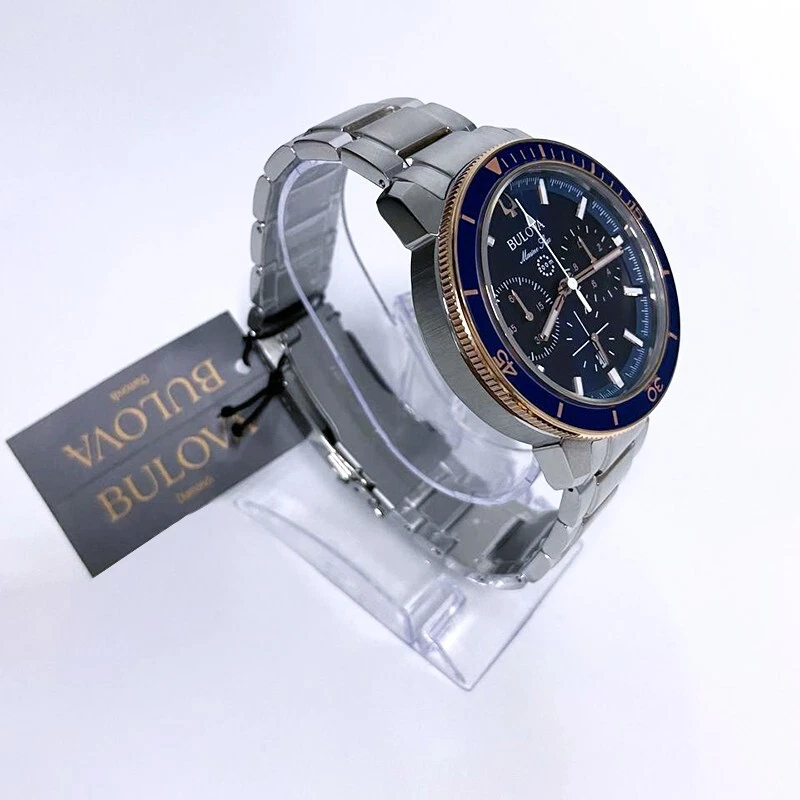 Классические мужские часы Marine Star Bulova 98B301 из нержавеющей стали синее розовое золото 45 мм - Изображение 3 из 4