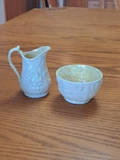 Belleek Cream and Sugar Set - Bacchus Mask and Grapes - Third Mark Black 1926-46