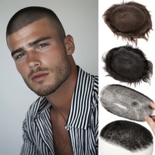 100% Remy Human Hair Mens Hairpiece Toupee Replacement System Wig PU/LACE/MONO