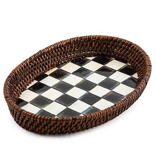 Brand New Mackenzie Childs Courtly Check Rattan & Enamel Small Serving Tray