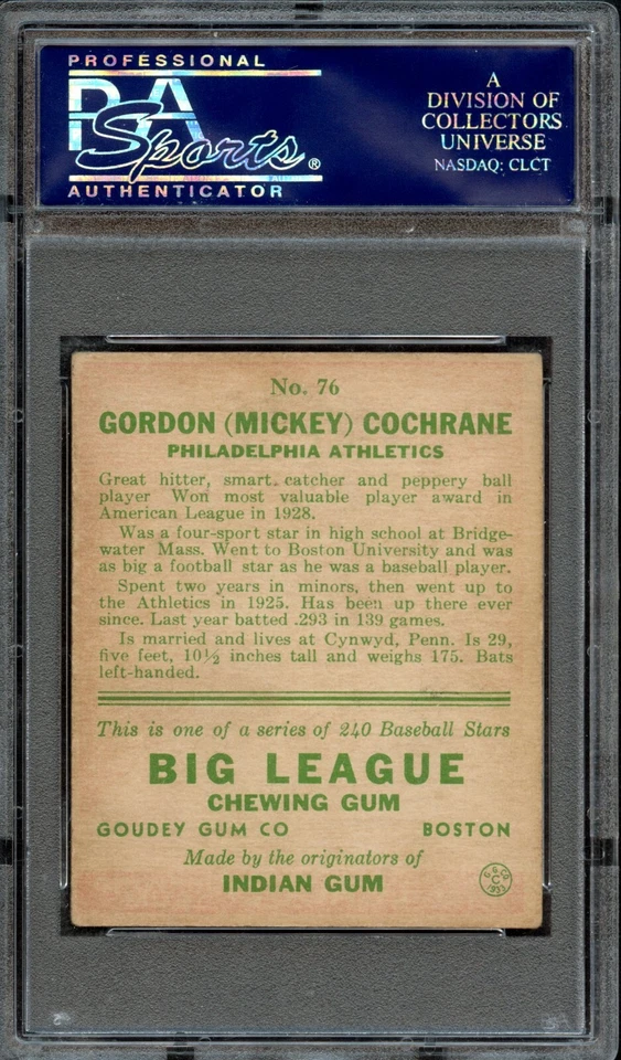 BB - 1933 Goudey - #76 - Mickey Cochrane - PSA 4.5 - VG-EX+ - Image 2 of 2