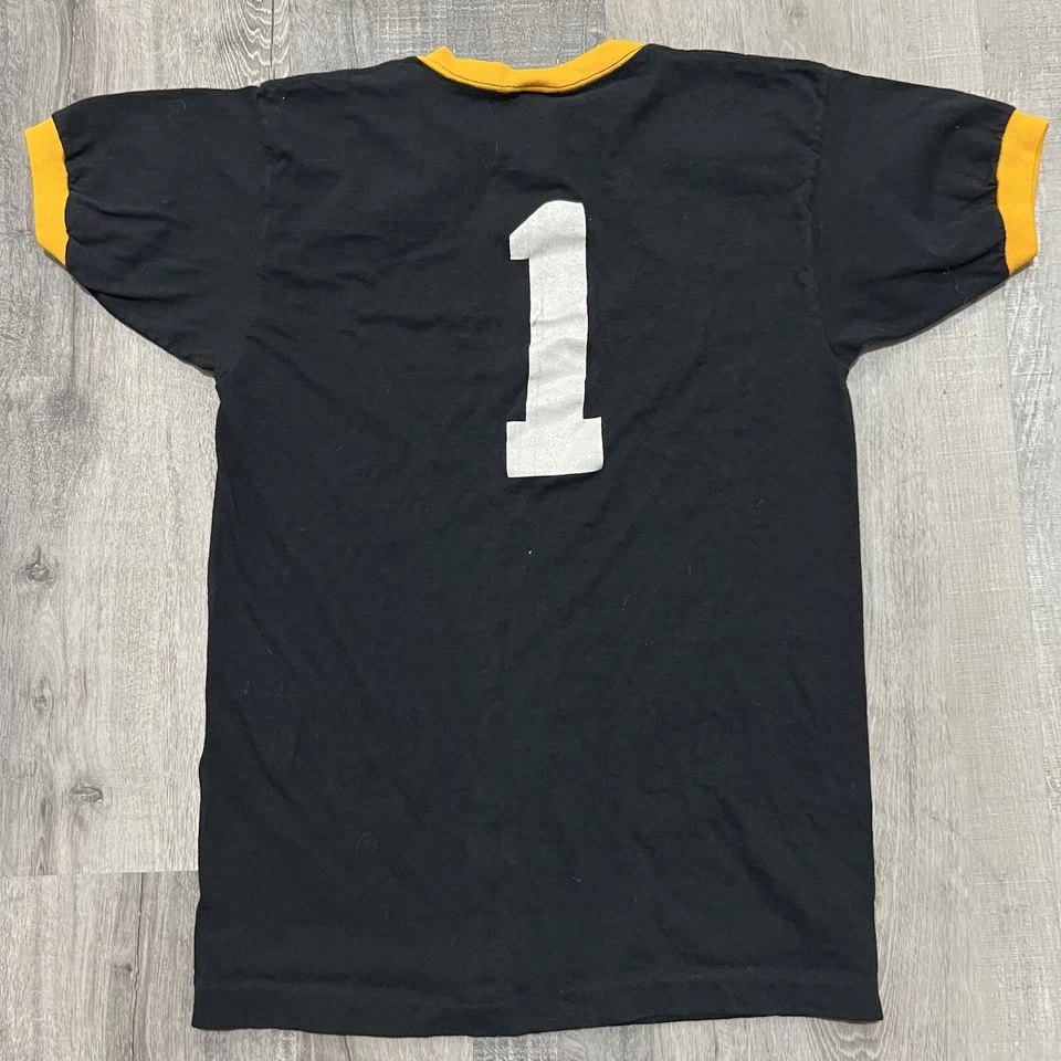 Camiseta de colección Champion Blue Bar negra/amarilla HERTZ #1 AÑOS 70 EE. UU. Ringer alquiler de auto Foto 3 de 4