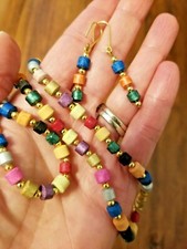 Wooden Beaded Set Earrings and Necklace Multi-Color 18" Long Pre-Owned