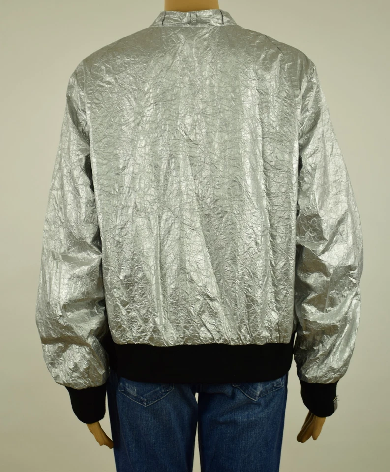 Rachel Roy Womens Silver Metallic Crinkled Bomber Jacket XL - Image 4 of 4