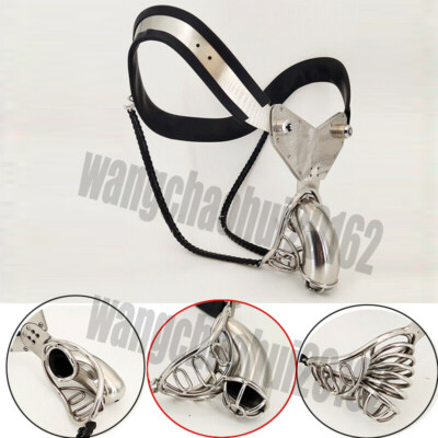EMCC Stainless Steel Male Chastity Belt Double-cables Breath Cage Bandage Device