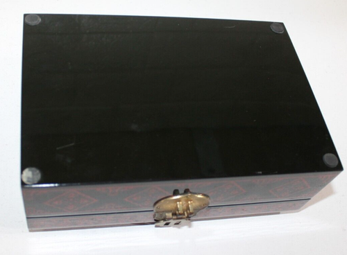Elegant Asian Gloss Black & Red Lacquered Jewellery Ring Box Velvet Inner Shelf - Picture 15 of 17