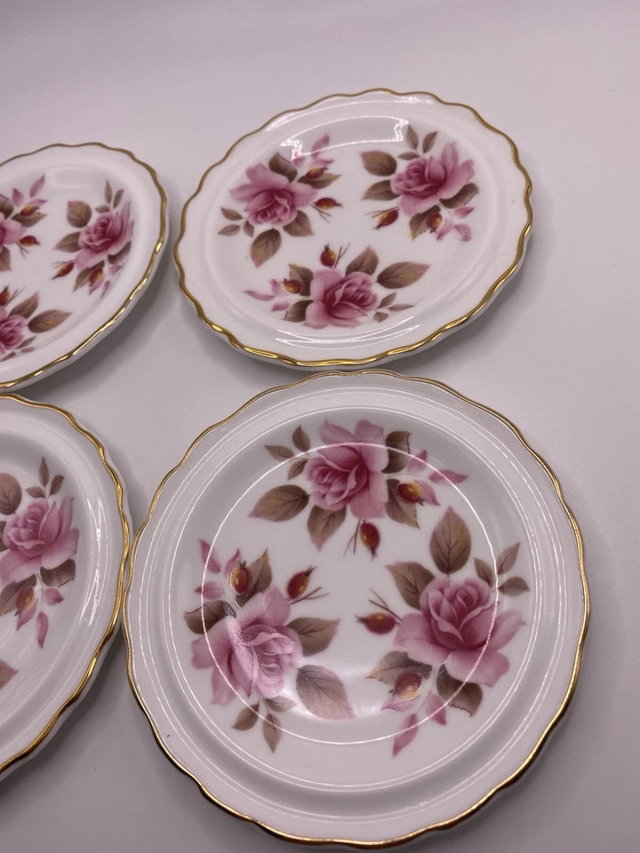 Royal Grafton Bone China Pink Roses Set de 4 tapetes/echadores de mantequilla borde dorado 4”D Foto 3 de 4