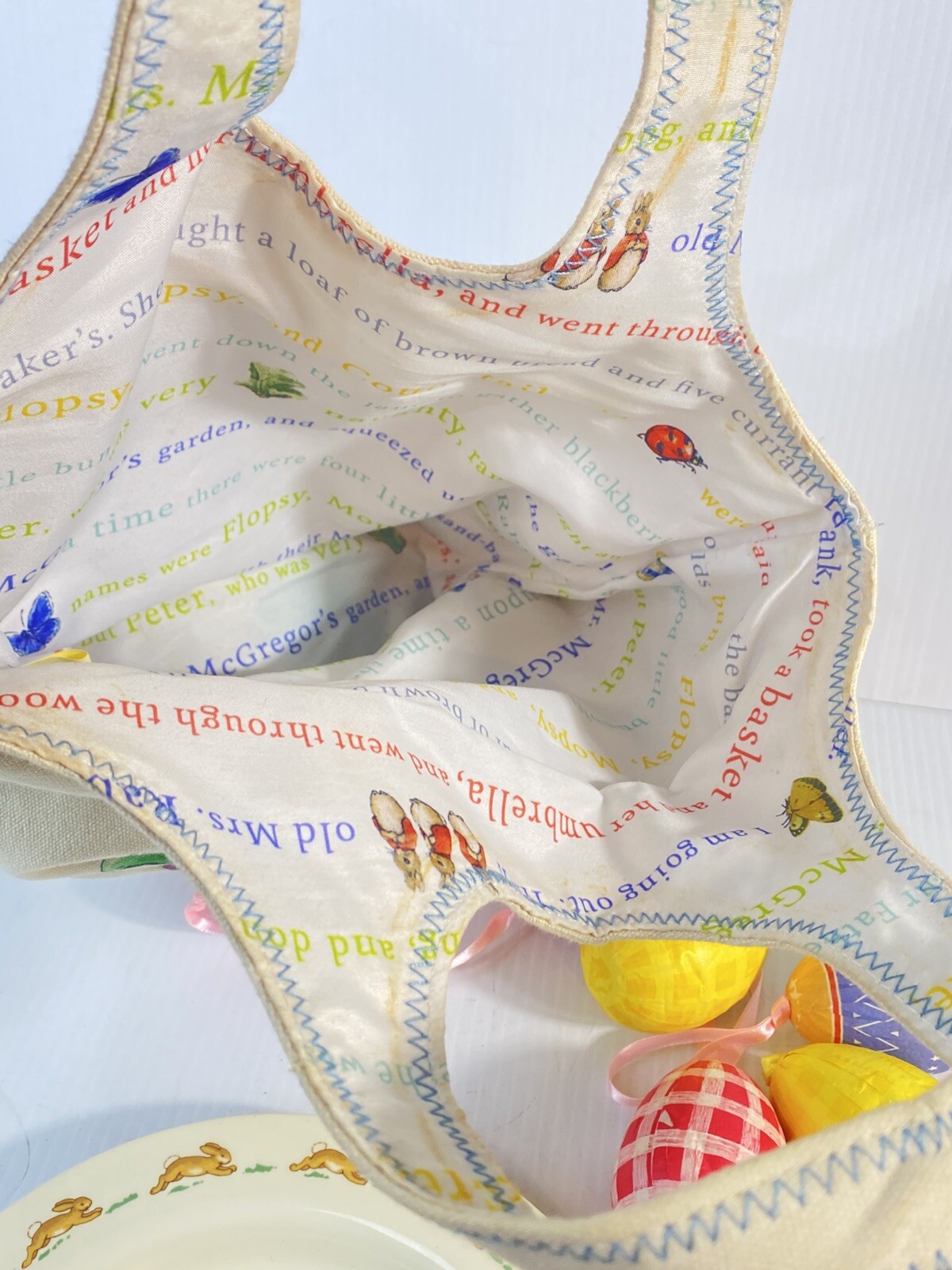 Royal Doulton Bunnykins Plate, Beatrix Potter Canvas Bunny Basket Tote Lot Eggs